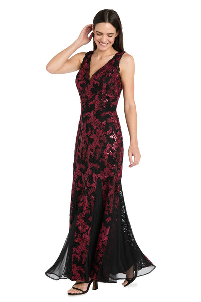 Embroidered Brocade V-Neck Gown with Chiffon Inserts & Lace Trim - Petite