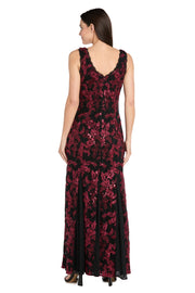 Embroidered Brocade V-Neck Gown with Chiffon Inserts & Lace Trim - Petite