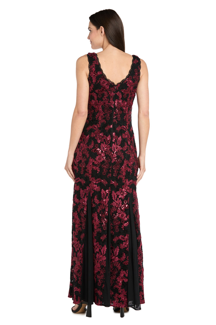 Embroidered Brocade V-Neck Gown with Chiffon Inserts & Lace Trim - Petite