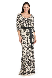 Champagne & Black Long Floral Beaded Gown - Petite