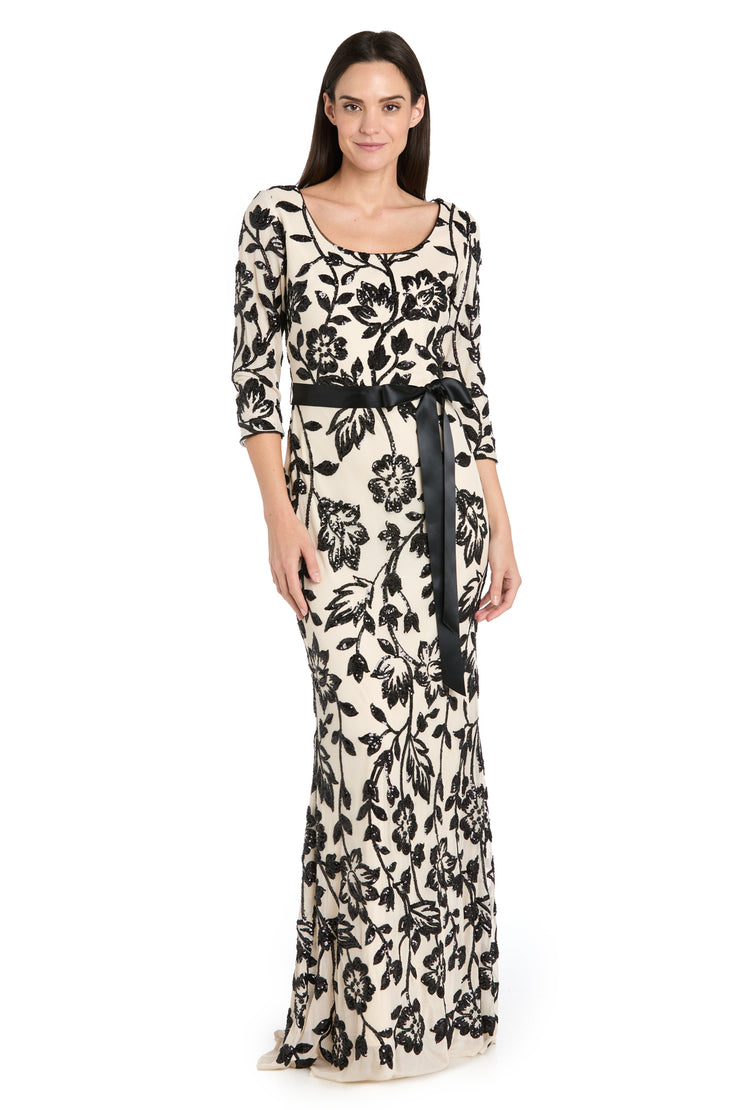 Champagne & Black Long Floral Beaded Gown - Petite