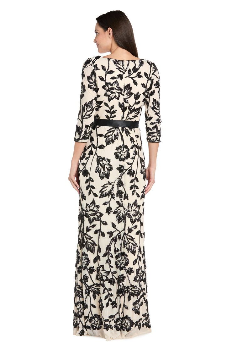 R & M Richards Petite Floral Sequin Beaded Scoop Neck Dress - Champagne Black