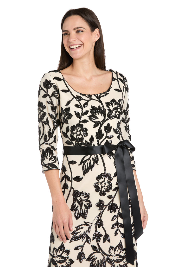 Champagne & Black Long Floral Beaded Gown