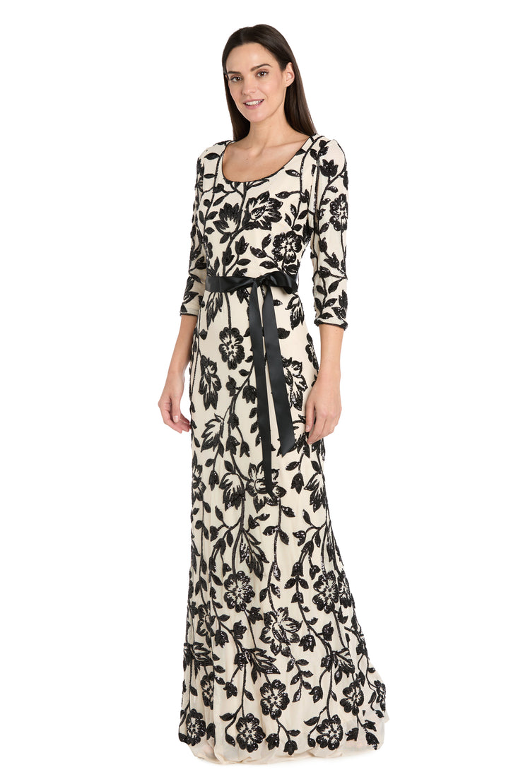 R & M Richards Women's Scoop Neck Long Dress - Champagne/Black