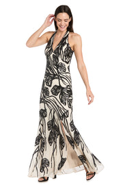 Long Beaded Halter Dress with Contrast Beaded Motif & Godet Skirt - Petite