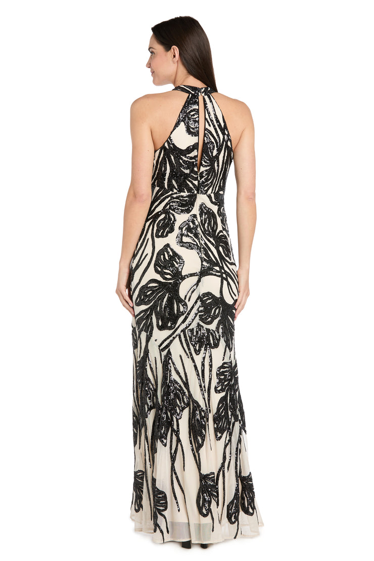 Long Beaded Halter Dress with Contrast Beaded Motif & Godet Skirt - Petite