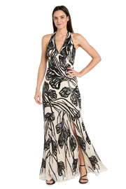 Long Beaded Halter Dress with Contrast Beaded Motif & Godet Skirt - Petite