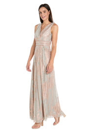 Glam V-Neck Metallic Gown with Rhinestone Waist Detail