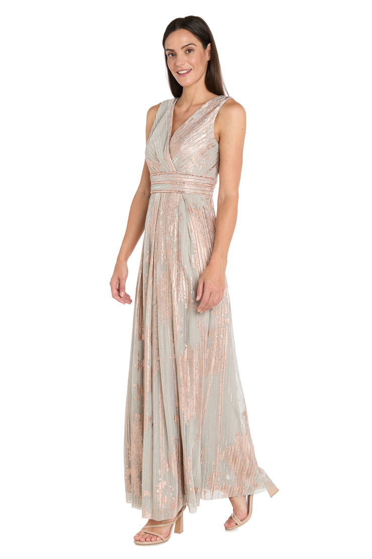 Glam V-Neck Metallic Gown with Rhinestone Waist Detail