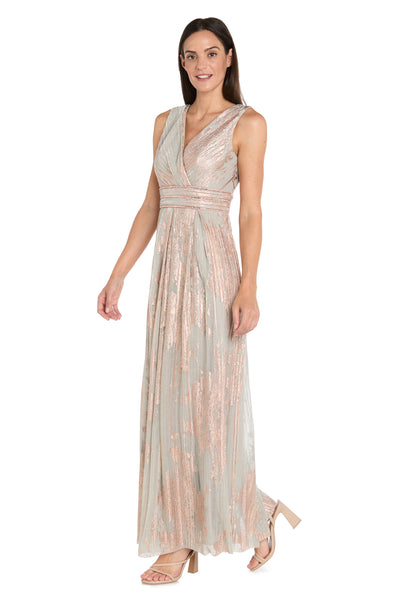 Glam V-Neck Metallic Gown with Rhinestone Waist Detail