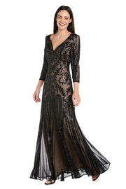 Beaded Evening Dress with Contrast Nude Lining and Godet Skirt