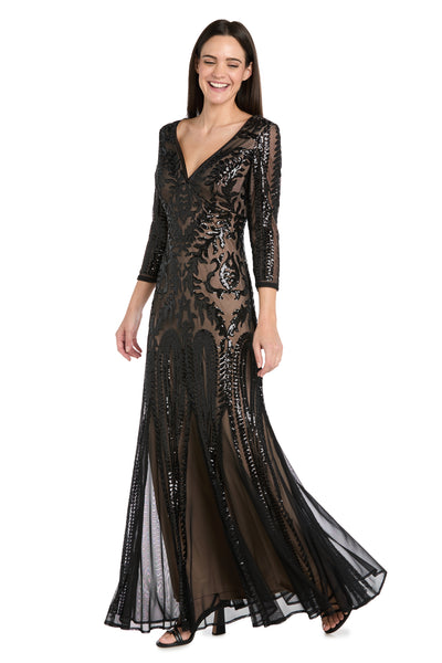 Beaded Evening Dress with Contrast Nude Lining and Godet Skirt