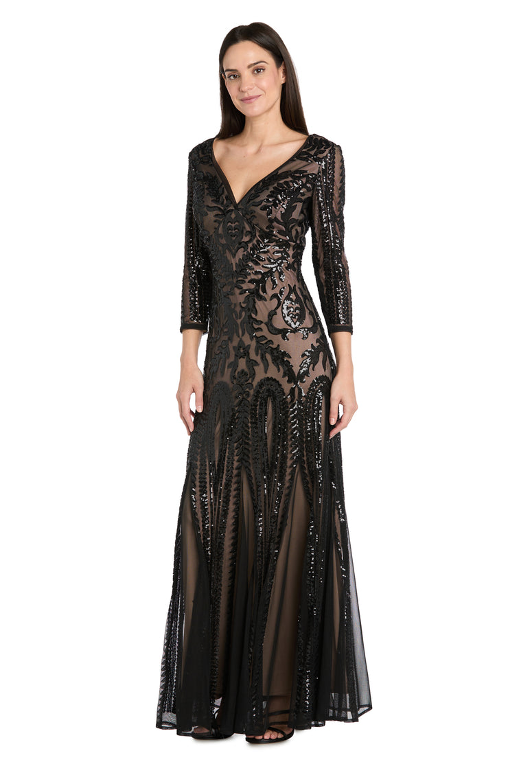 Beaded Evening Dress with Contrast Nude Lining and Godet Skirt