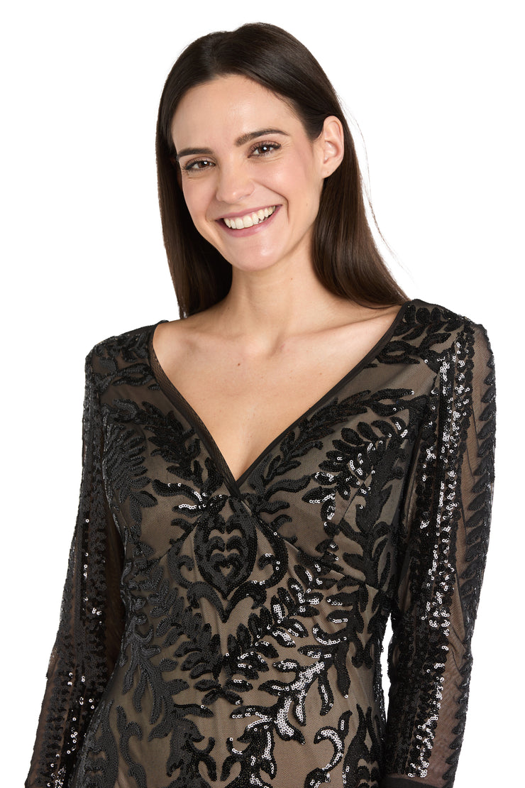 Beaded Evening Dress with Contrast Nude Lining and Godet Skirt