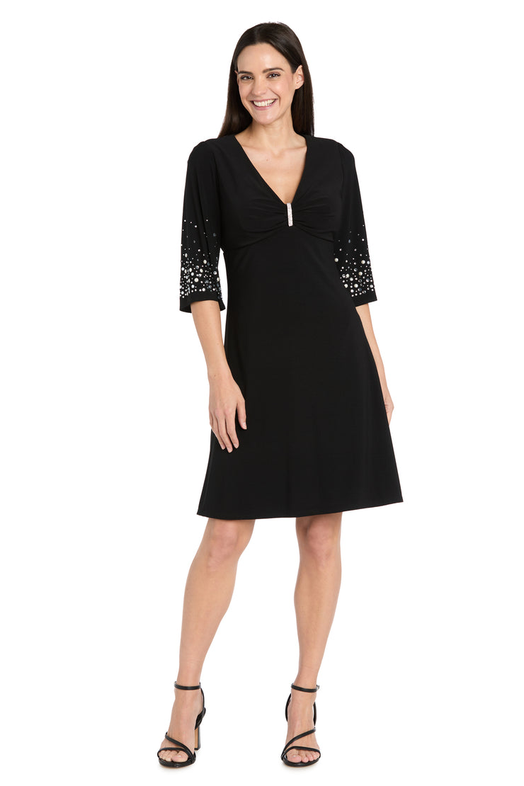 V-Neck Fit and Flare Dress with Rhinestone Pearl Sleeve Detail