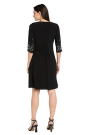 V-Neck Fit and Flare Dress with Rhinestone Pearl Sleeve Detail