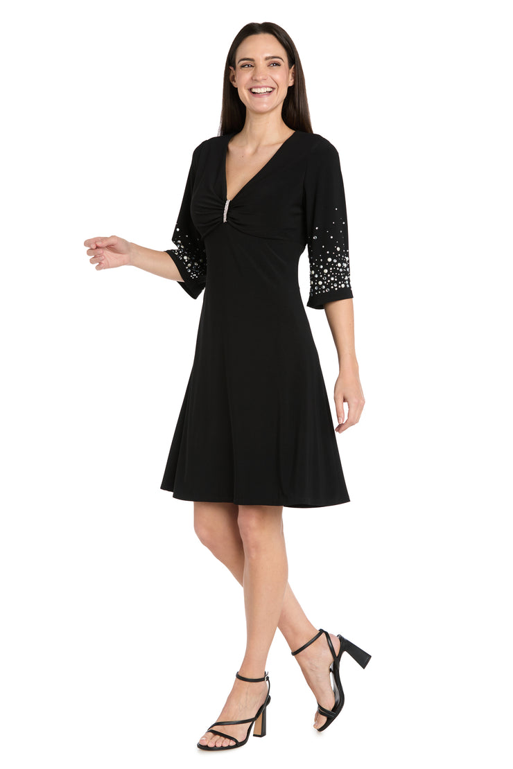 V-Neck Fit and Flare Dress with Rhinestone Pearl Sleeve Detail