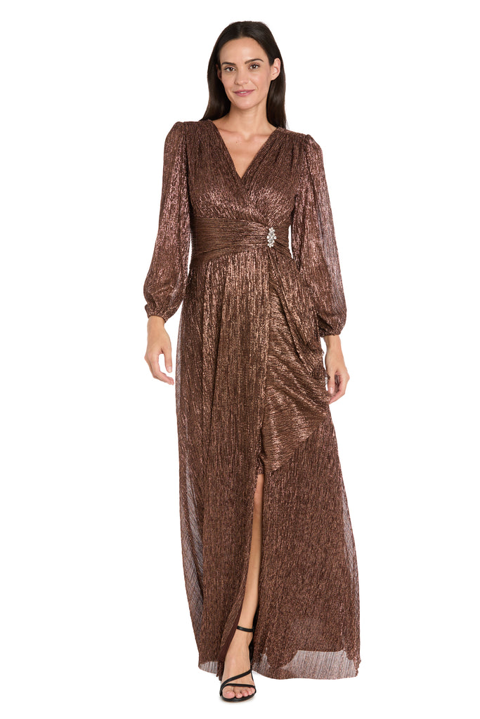 R & M Richards Women's Long Crinkle Pleated Metallic Dress, 14