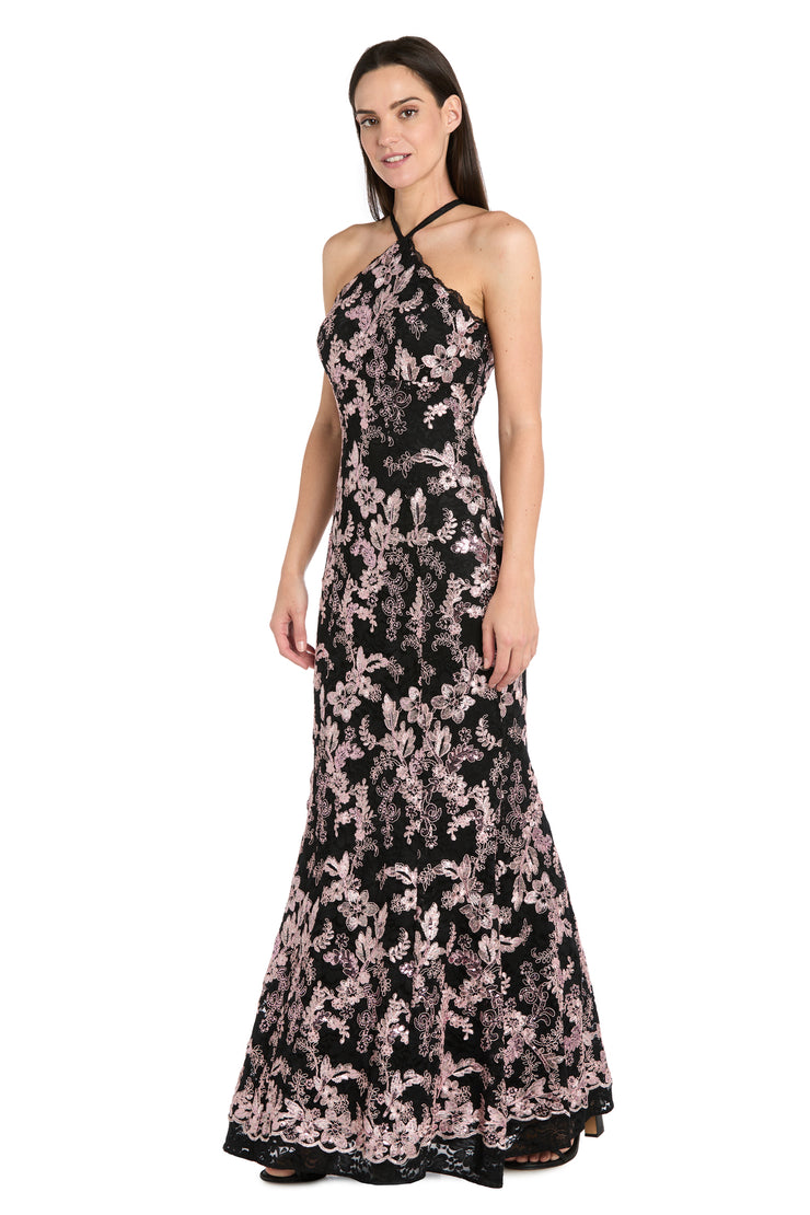 Scarf-Halter Two-Tone Embroidered Sequin Corded Lace Dress