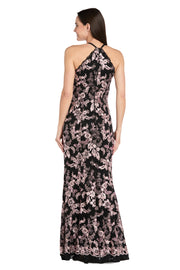 Scarf-Halter Two-Tone Embroidered Sequin Corded Lace Dress