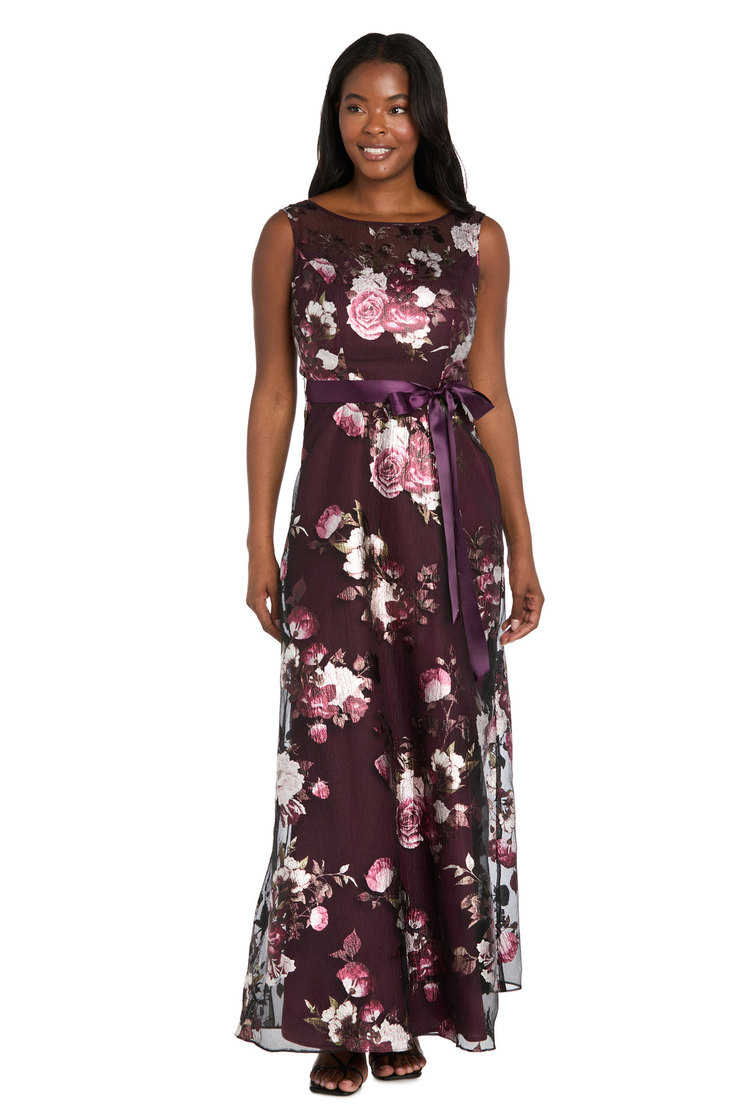R & M Richards Women's Printed Foil Floral Boat Neck Gown - Plum