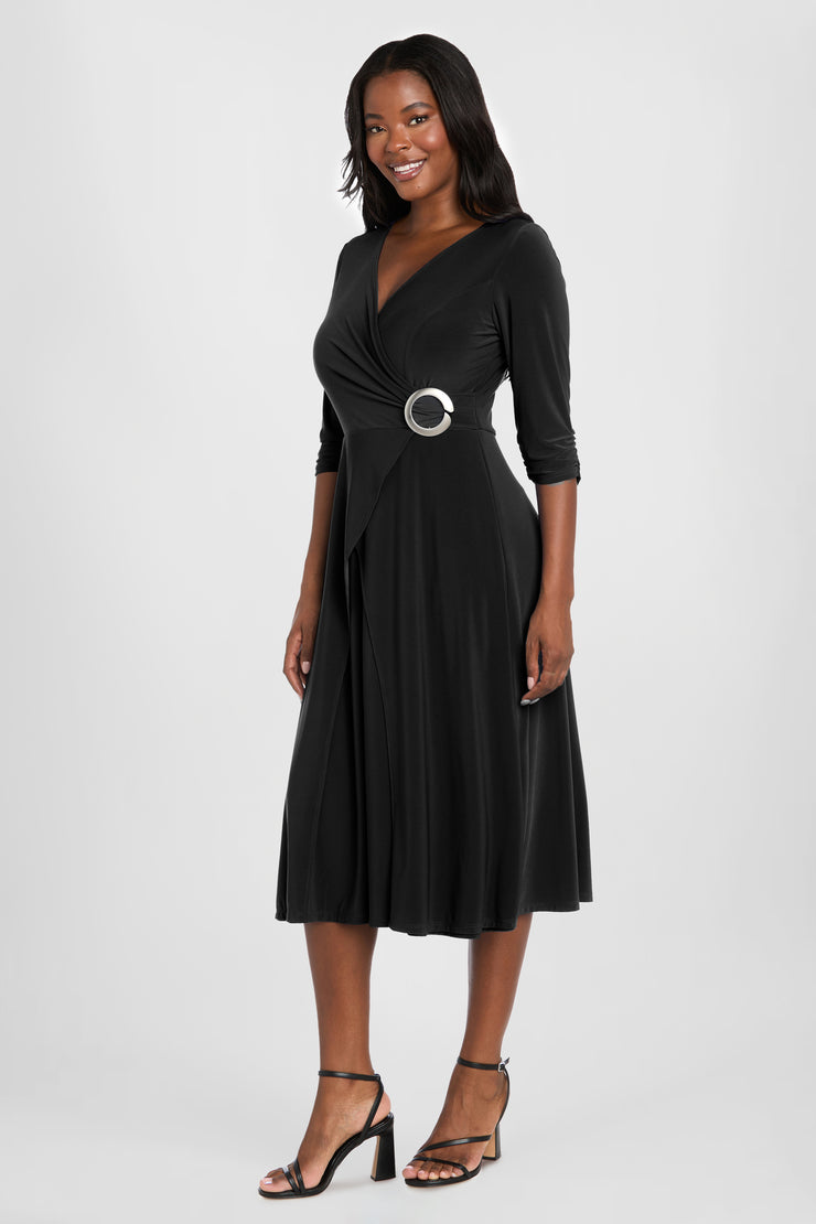 Elegant Midi Wrap Dress with Ring Detail