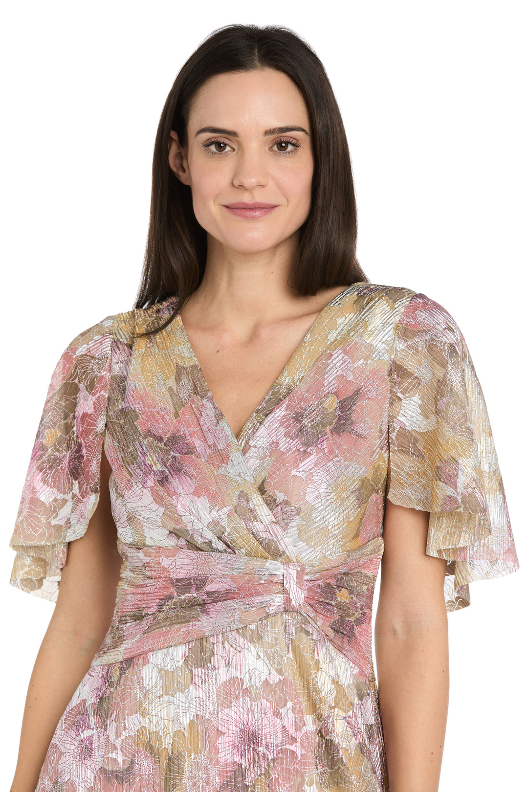 metallic flutter sleeve dress R M Richards Plus Size Printed Metallic Flutter Sleeve Ruched Tiered Waist Long Mother of the Bride Dress, Womens, 16W, Navy/Periwinkle