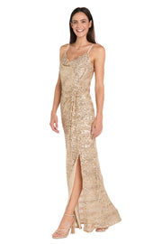 Sequined Cowl Neck Evening Gown
