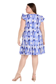 Blue and White Oval Pattern Short Dress with Ruffled Sleeves - Plus