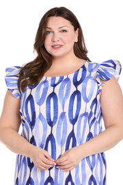 Blue and White Oval Pattern Short Dress with Ruffled Sleeves - Plus