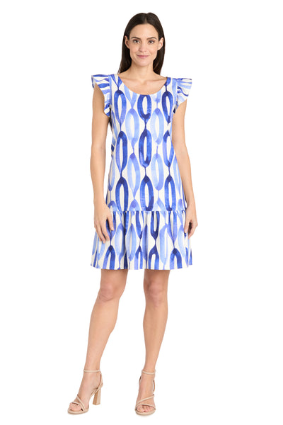 Blue and White Oval Pattern Short Dress with Ruffled Sleeves