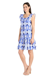 Blue and White Oval Pattern Short Dress with Ruffled Sleeves