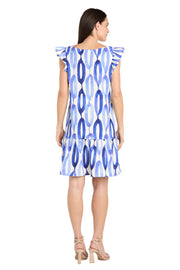 Blue and White Oval Pattern Short Dress with Ruffled Sleeves