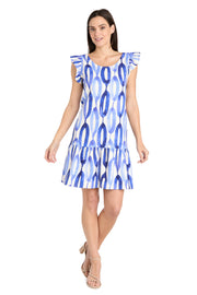 Blue and White Oval Pattern Short Dress with Ruffled Sleeves