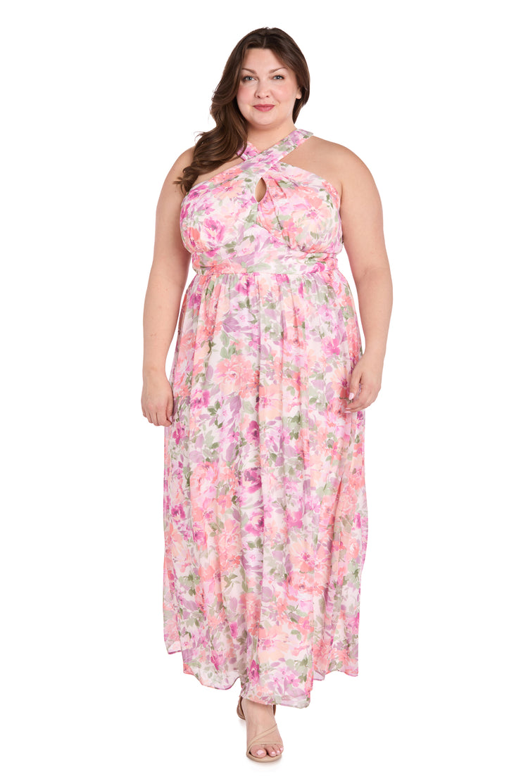 Ivory Blossom Cross Neckline Halter Dress with Panel Waistband - Plus