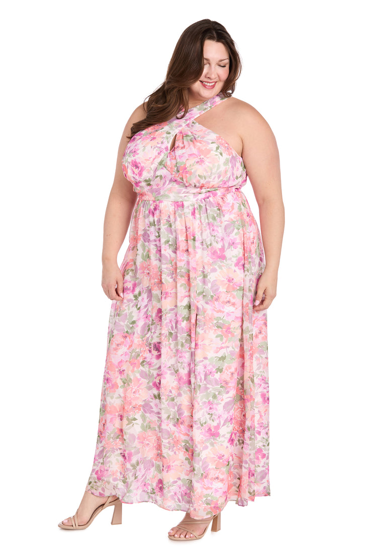 Ivory Blossom Cross Neckline Halter Dress with Panel Waistband - Plus