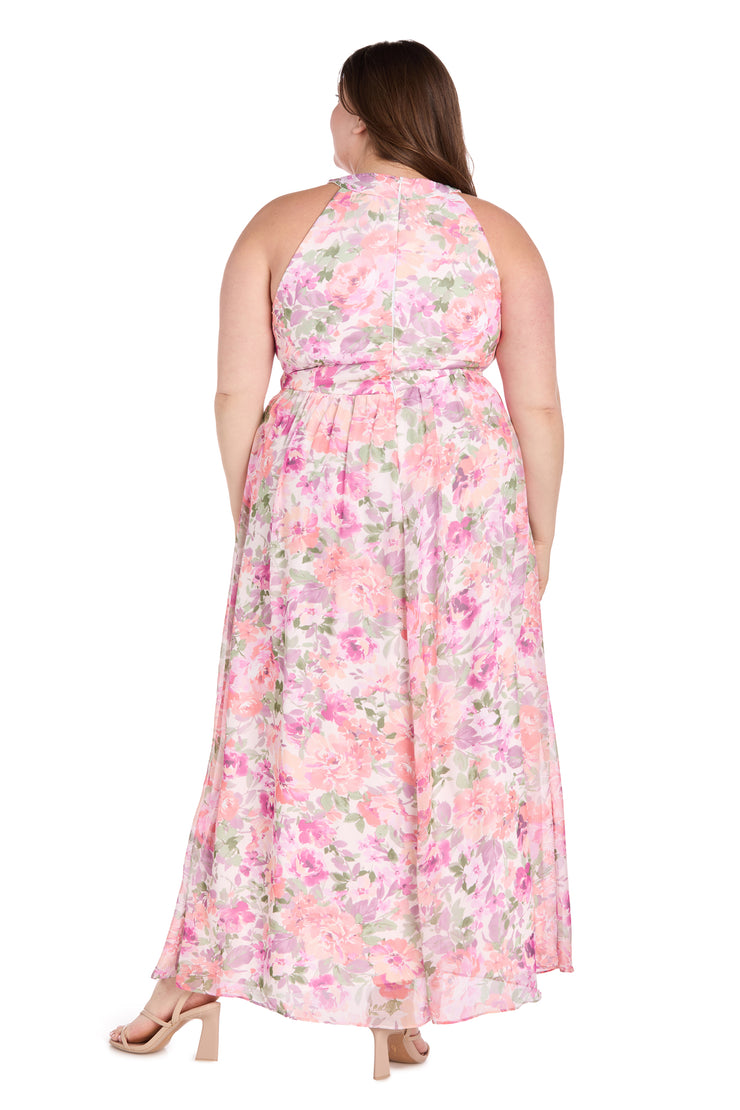 Ivory Blossom Cross Neckline Halter Dress with Panel Waistband - Plus