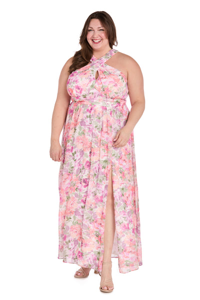 Ivory Blossom Cross Neckline Halter Dress with Panel Waistband - Plus