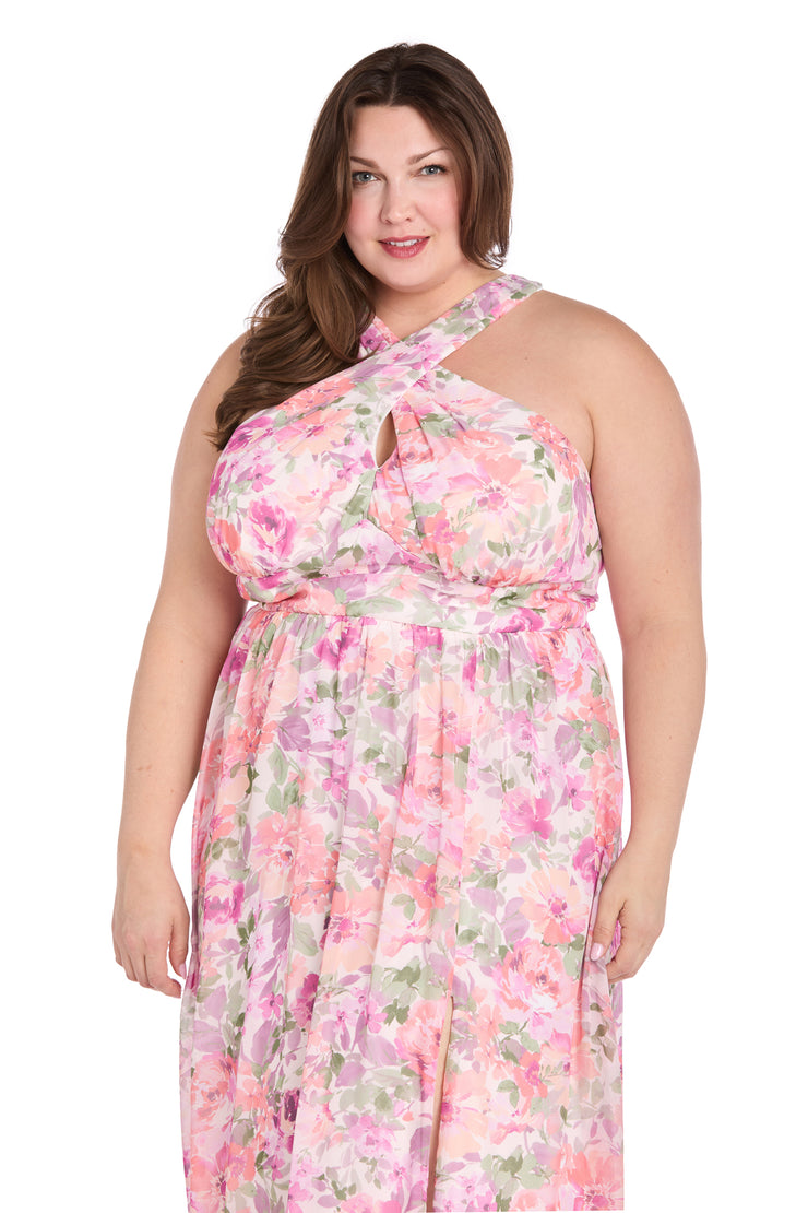 Ivory Blossom Cross Neckline Halter Dress with Panel Waistband - Plus