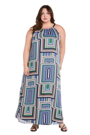 Geometric Pattern Long Casual Dress with Adjustable Tie Back - Plus