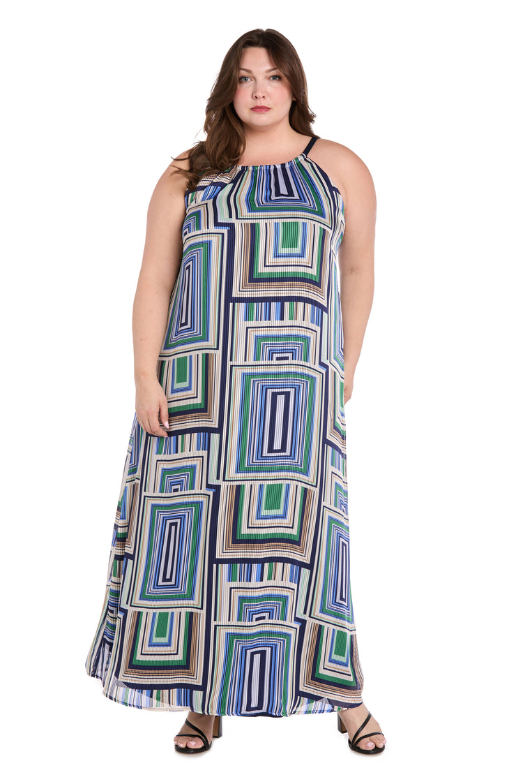 Geometric Pattern Long Casual Dress with Adjustable Tie Back - Plus