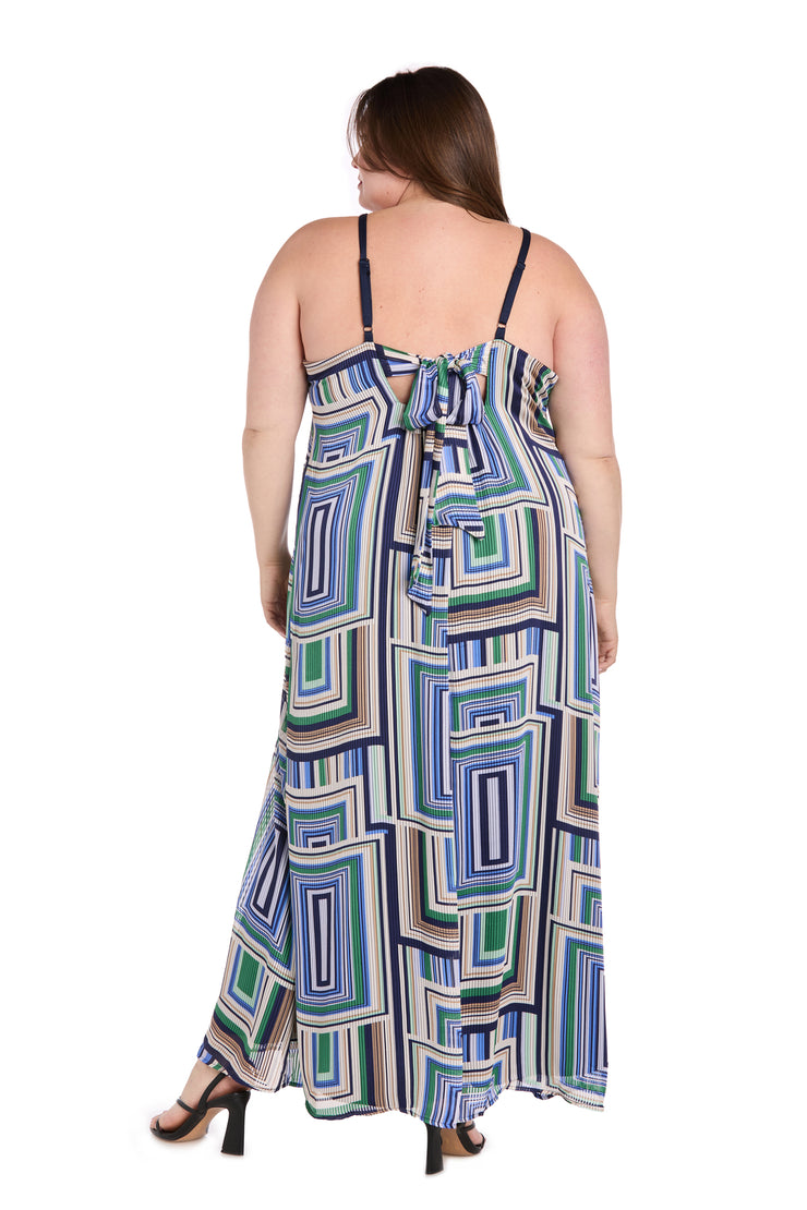 Geometric Pattern Long Casual Dress with Adjustable Tie Back - Plus