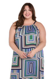 Geometric Pattern Long Casual Dress with Adjustable Tie Back - Plus