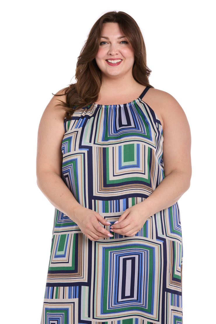 Geometric Pattern Long Casual Dress with Adjustable Tie Back - Plus