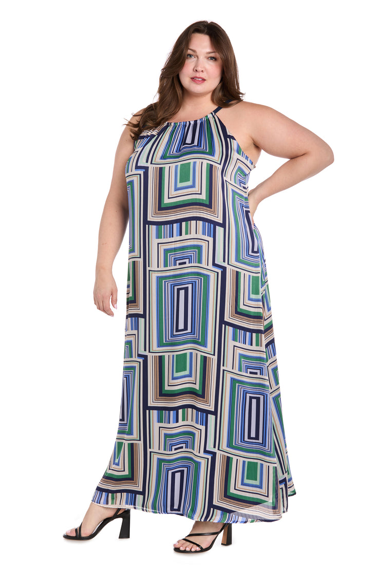Geometric Pattern Long Casual Dress with Adjustable Tie Back - Plus