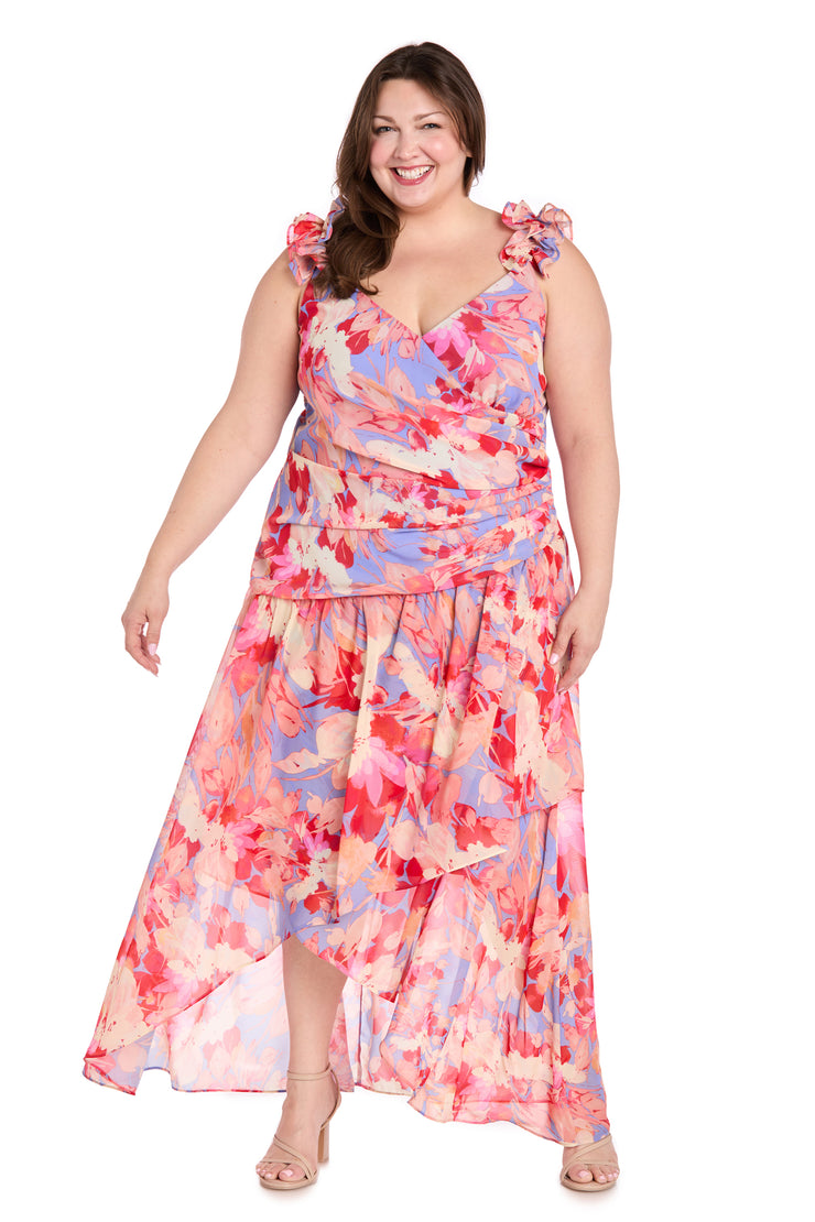 High-Low Midi Dress in Coral Tones with Side Pleats and Ruffle Straps - Plus