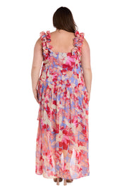 High-Low Midi Dress in Coral Tones with Side Pleats and Ruffle Straps - Plus
