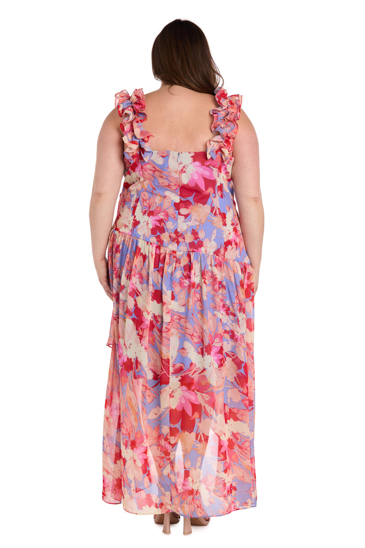 High-Low Midi Dress in Coral Tones with Side Pleats and Ruffle Straps - Plus