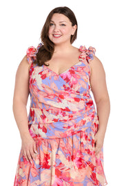 High-Low Midi Dress in Coral Tones with Side Pleats and Ruffle Straps - Plus
