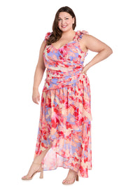 High-Low Midi Dress in Coral Tones with Side Pleats and Ruffle Straps - Plus
